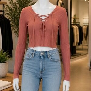 H&M Divided Women Top Rust Orange Ribbed Lace Up Long Sleeve S